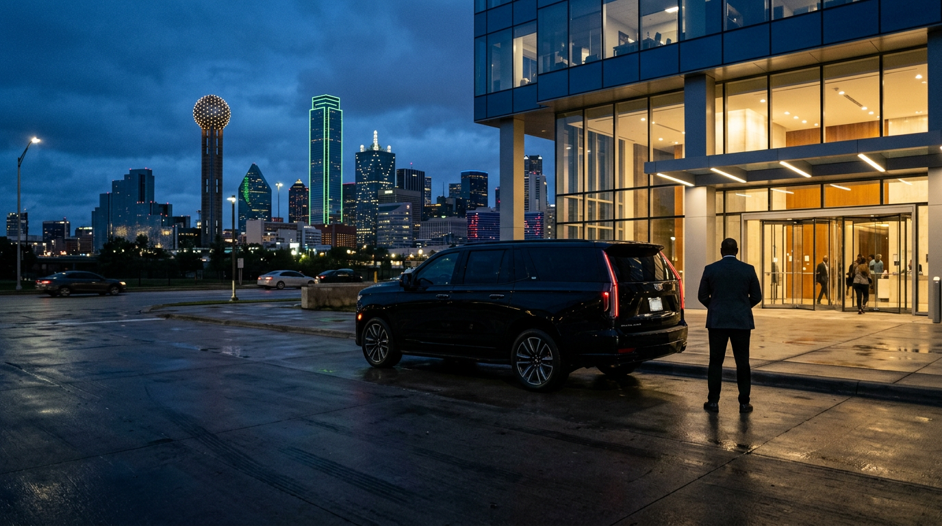 A black SUV and a suited security agent outside a glass tower, Dallas skyline at dusk