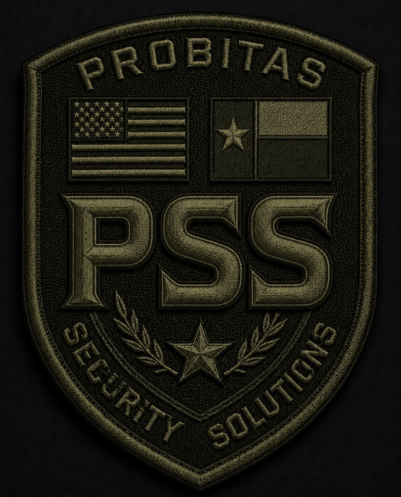 Olive-drab embroidered PSS shield patch with US and Texas flags, laurels and a star
